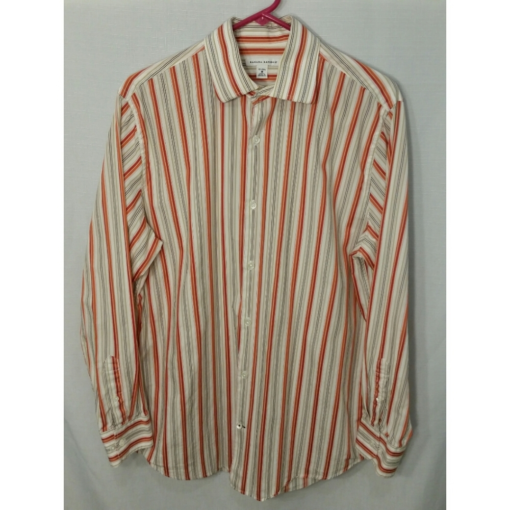 Banana Republic SHIRT Mens size M 15-15.5 Button Up Striped Orange Tan Brown
